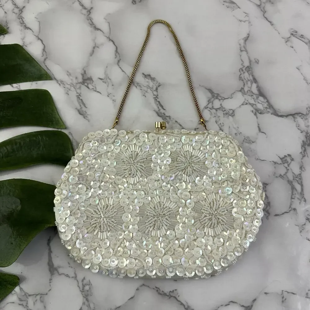 Vintage 70s Beaded Handbag Purse Cream Gold Sequin Kiss Lock Frame Evening